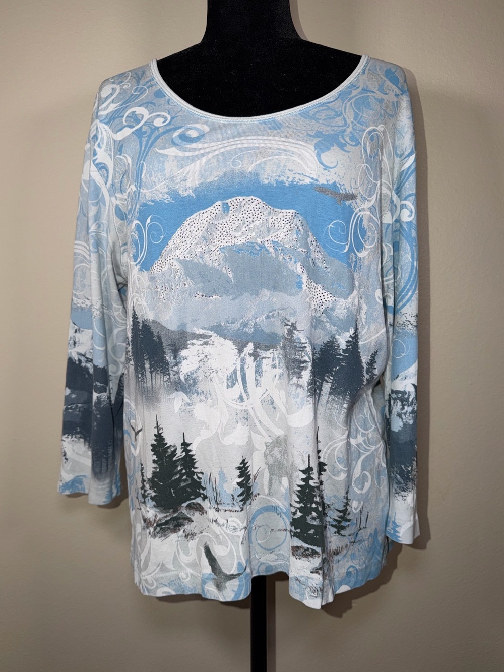 Vintage Y2K Cactus Studded Embellished Fairy Mountain Graphic 3/4 Sleeve Top